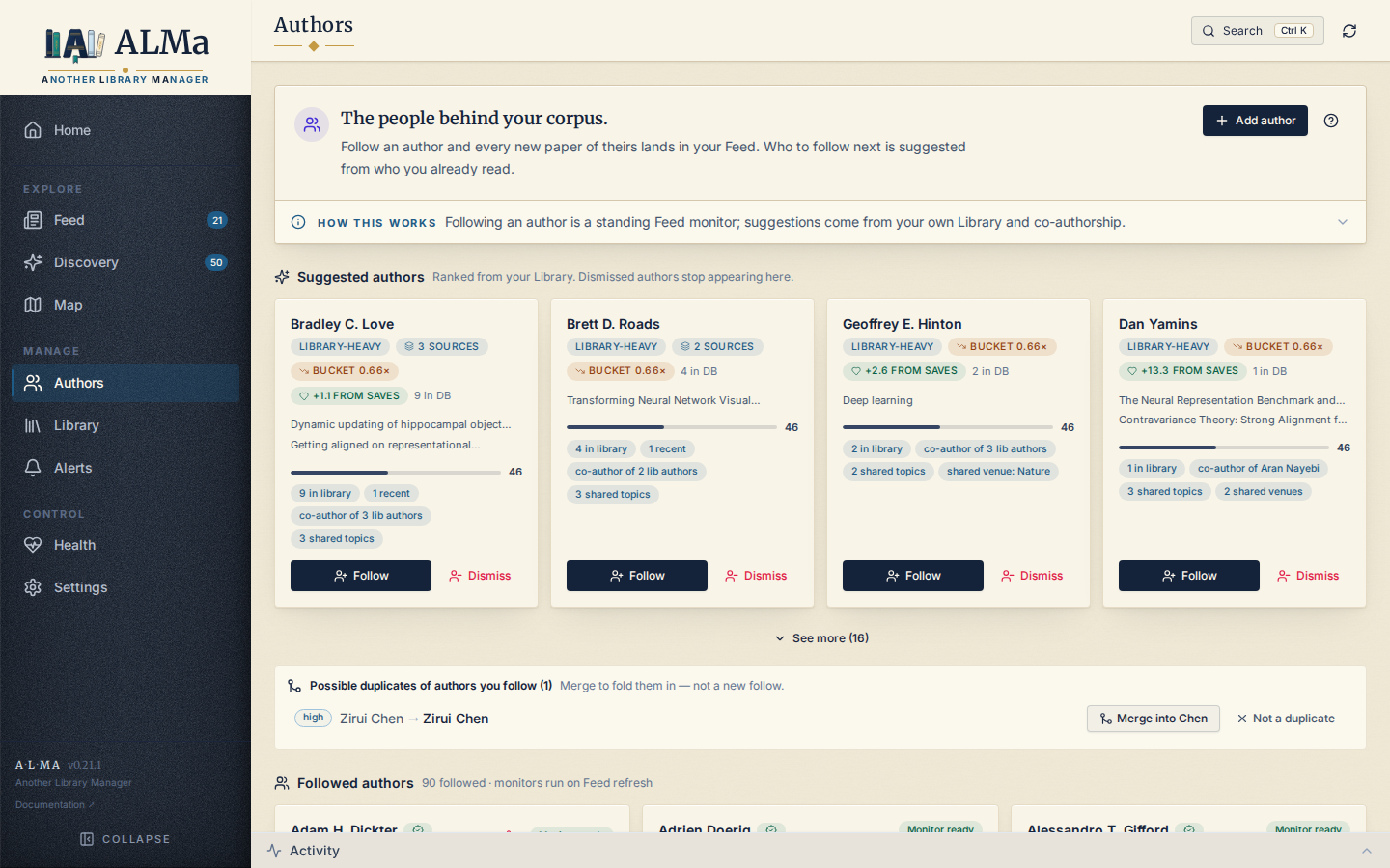 Authors page with followed authors and the suggestions rail