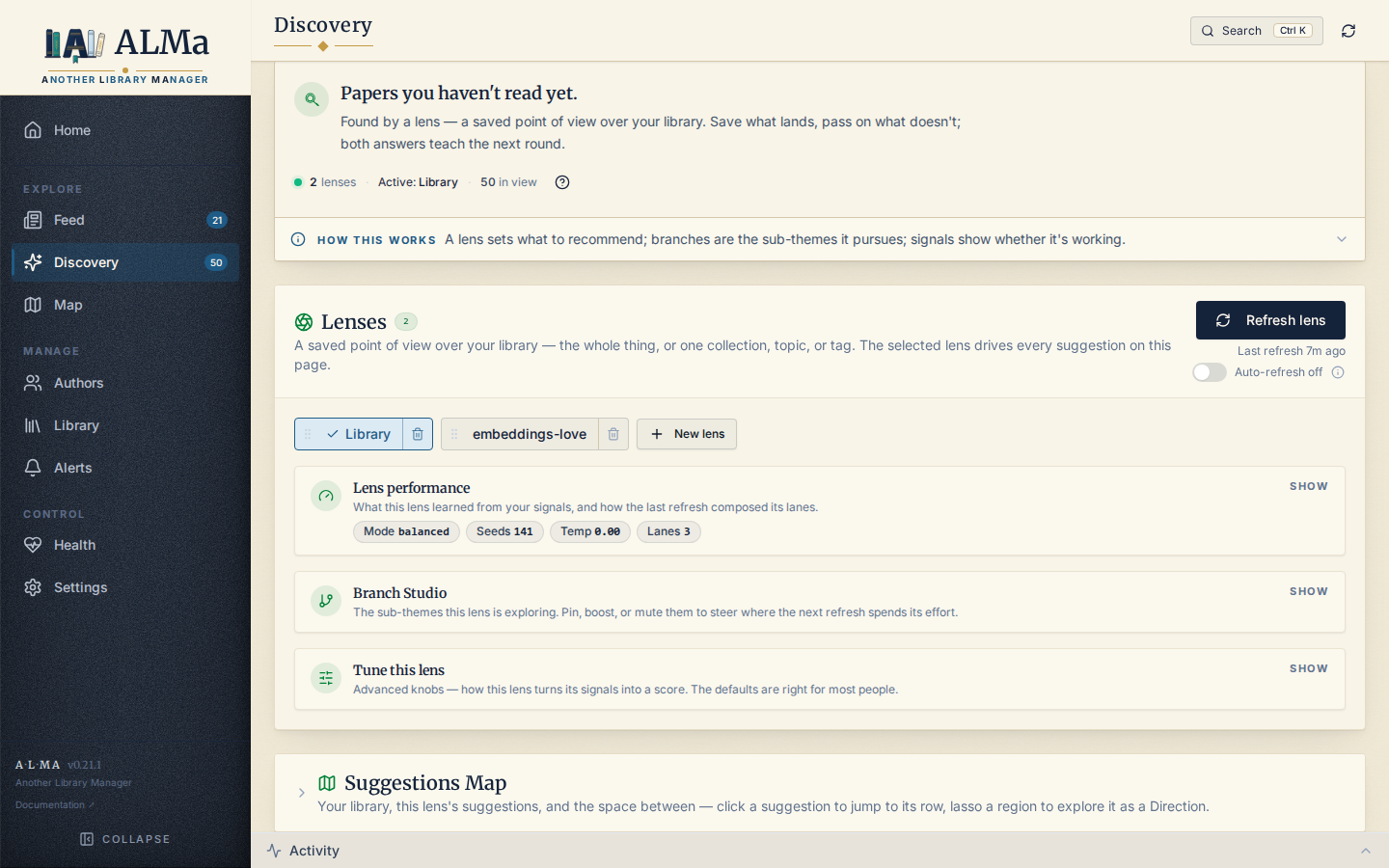 Discovery page with the Find & Add bar, lenses, and Branch Studio