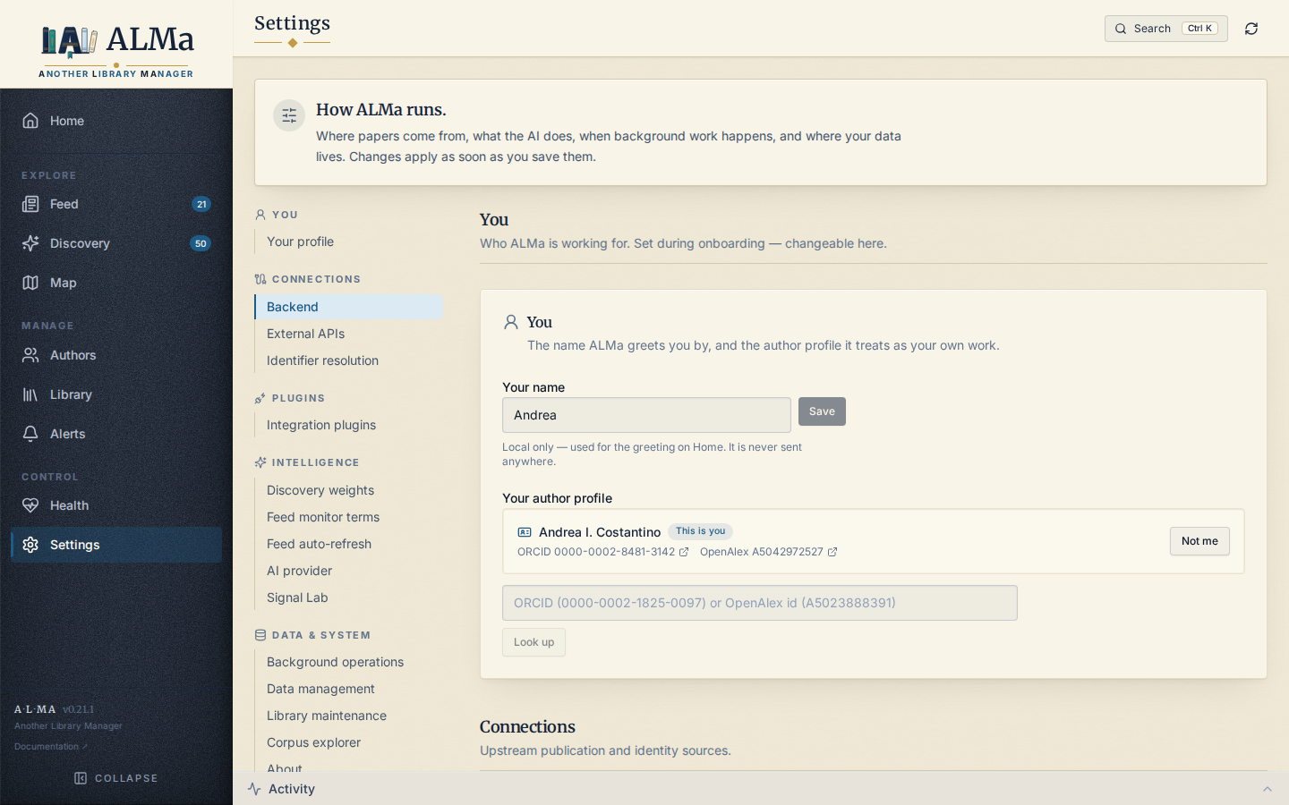 Settings page — External APIs / Backend tab